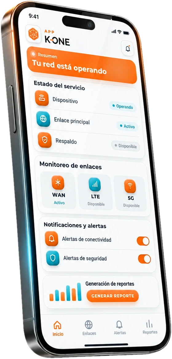 Celular mostrando la APP K-ONE con estado del servicio, monitoreo de enlaces, notificaciones y reportes